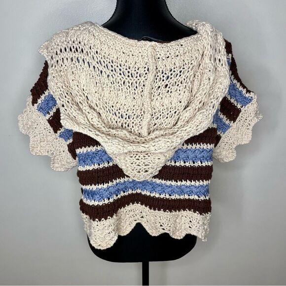 Zara Crochet Sweater Stripe Knit Short Sleeve Hooded V Neck Top Tan Blue Small - Picture 4 of 10